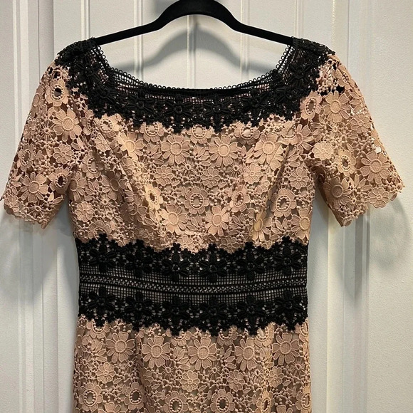 NUE by Shani Lace‎ Floral Nude w/Black Waist/Shoulder Accent Dress. Size 2.  NWT - Picture 7 of 14